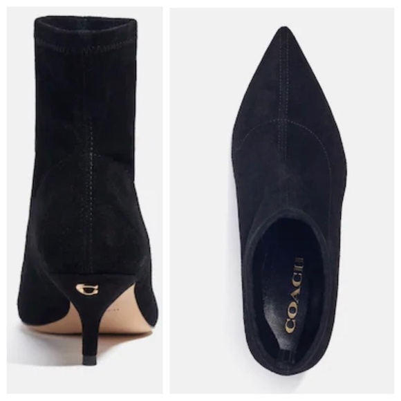 COACH Black Suede Boot JADE Kitten Heel Like New Sock Bootie 11 C Logo Point - Picture 1 of 16